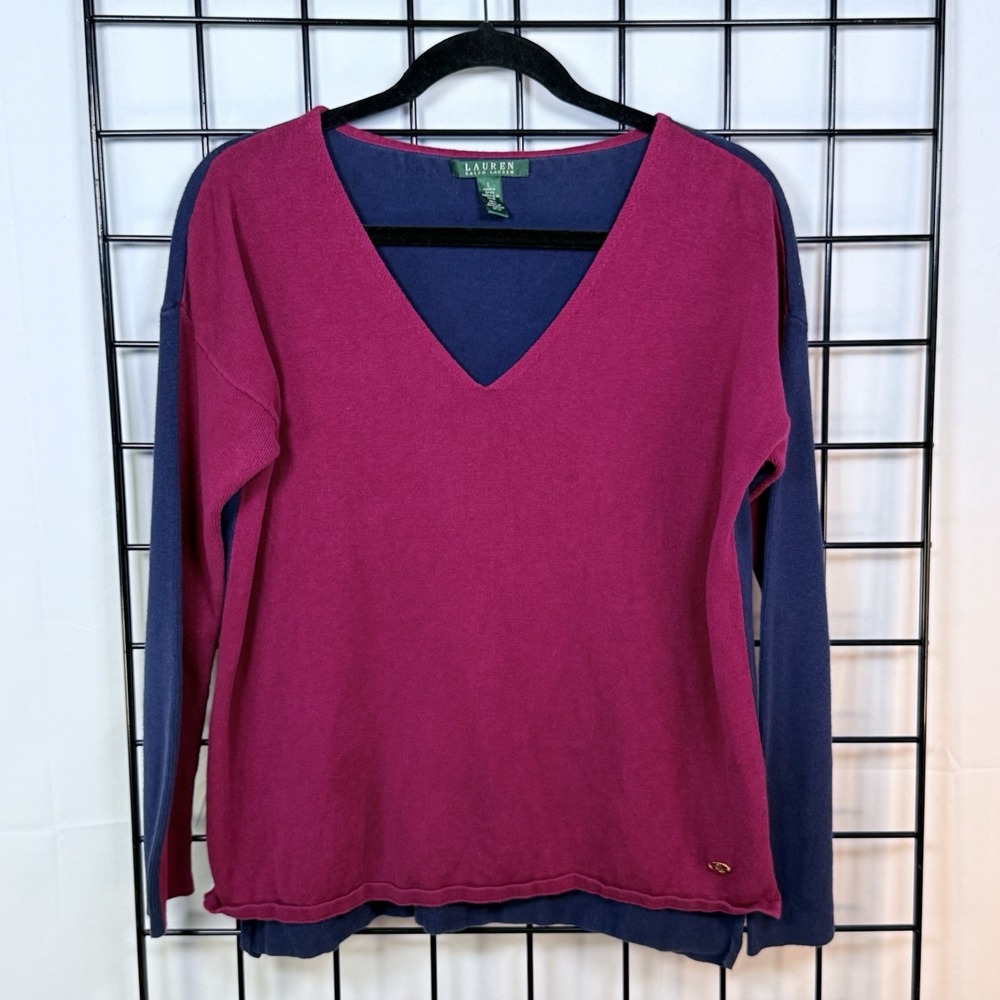 Vintage Lauren Ralph Lauren Sweater Womens L Red Blue Linen Blend Colorblock